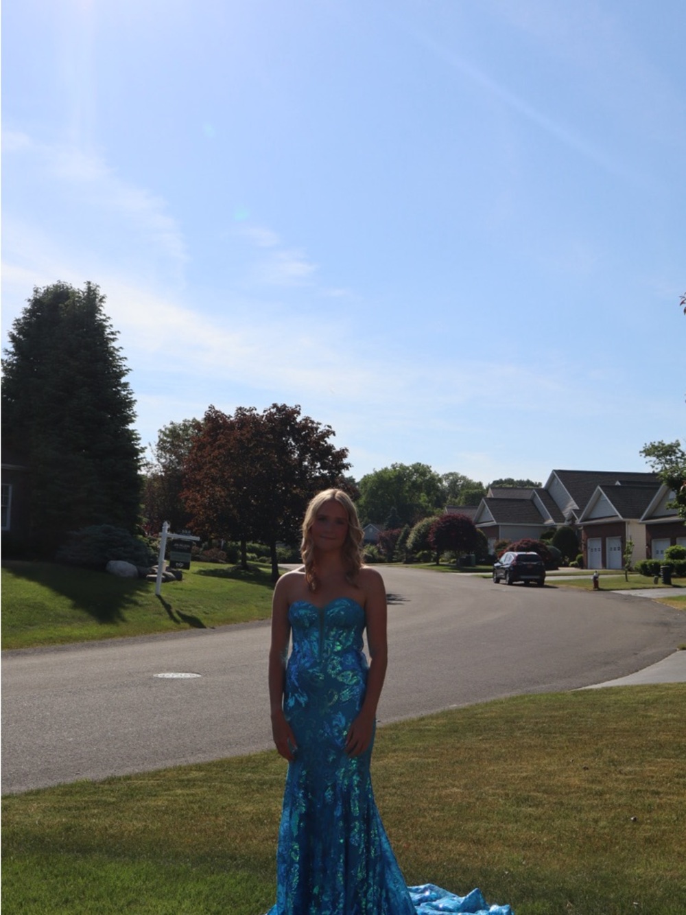 Strapless Blue Floral Mermaid Prom Dress